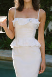 White Satin Mermaid Spaghetti Straps Midi Engagement Dress with Ruffles