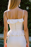 White Satin Mermaid Spaghetti Straps Midi Engagement Dress with Ruffles