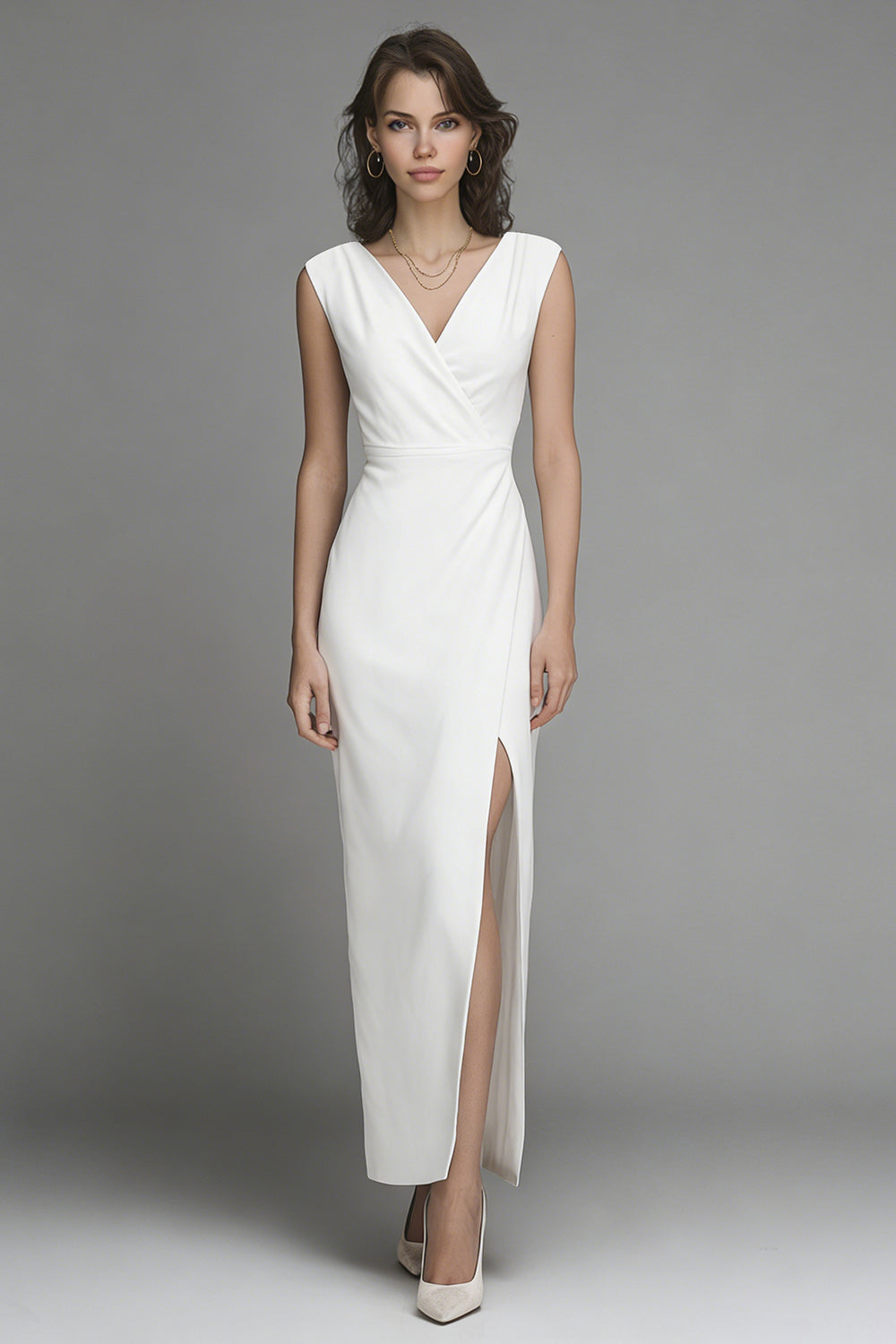 White Satin Sheath V-Neck Long Wedding Reception Dress with Slit