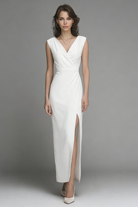 White Satin Sheath V-Neck Long Wedding Reception Dress with Slit