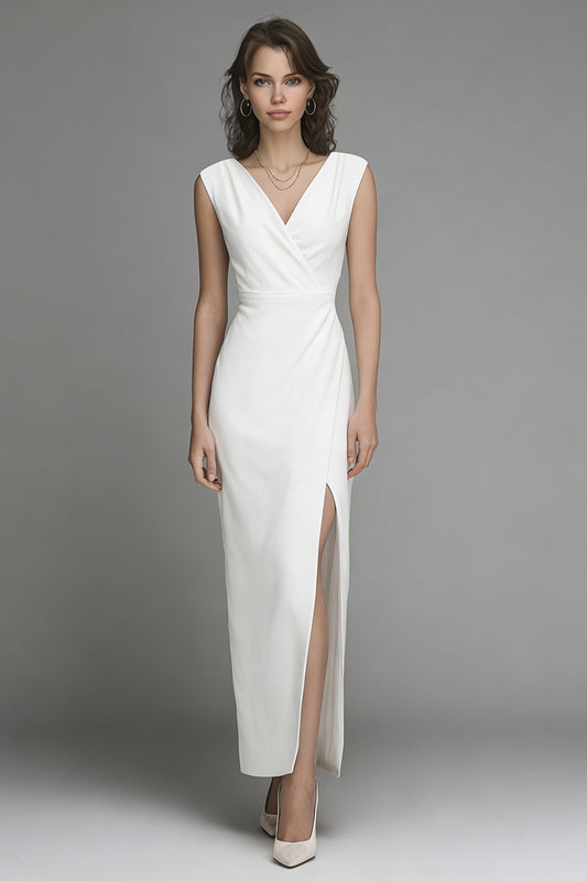 White Satin Sheath V-Neck Long Wedding Reception Dress with Slit