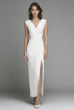 White Satin Sheath V-Neck Long Wedding Reception Dress with Slit