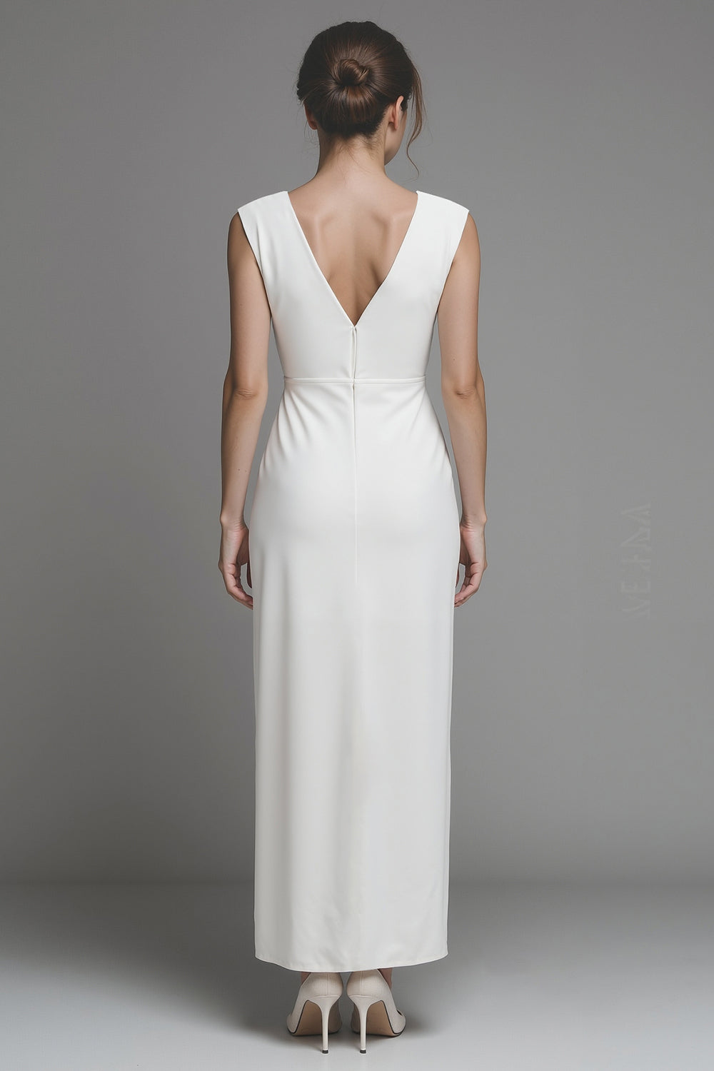 White Satin Sheath V-Neck Long Wedding Reception Dress with Slit