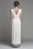 White Satin Sheath V-Neck Long Wedding Reception Dress with Slit