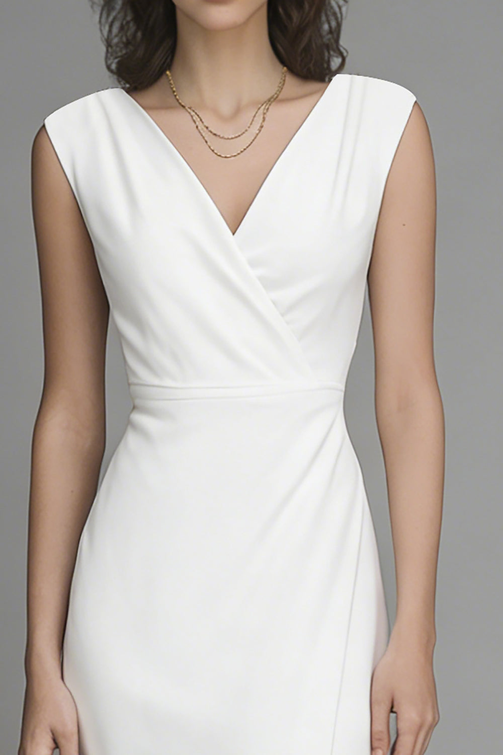 White Satin Sheath V-Neck Long Wedding Reception Dress with Slit