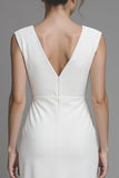 White Satin Sheath V-Neck Long Wedding Reception Dress with Slit