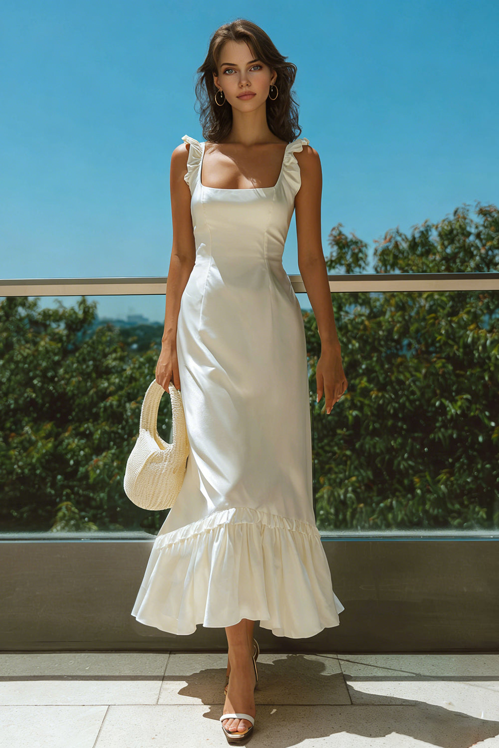 Ivory Satin Square Neck Long Wedding Reception Dress with Ruffles