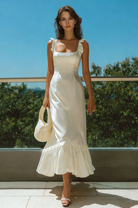 Ivory Satin Square Neck Long Wedding Reception Dress with Ruffles
