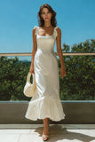 Ivory Satin Square Neck Long Wedding Reception Dress with Ruffles