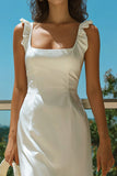 Ivory Satin Square Neck Long Wedding Reception Dress with Ruffles