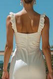 Ivory Satin Square Neck Long Wedding Reception Dress with Ruffles