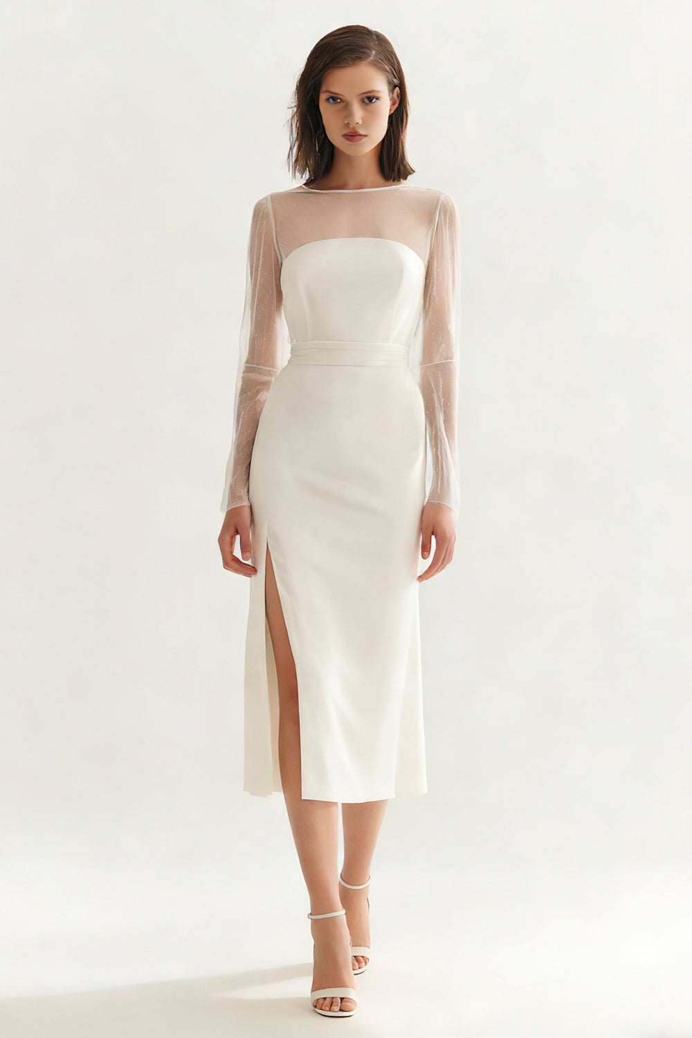 Ivory Satin Bateau Neck Midi Engagement Dress with Slit