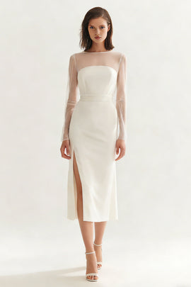 Ivory Satin Bateau Neck Midi Engagement Dress with Slit