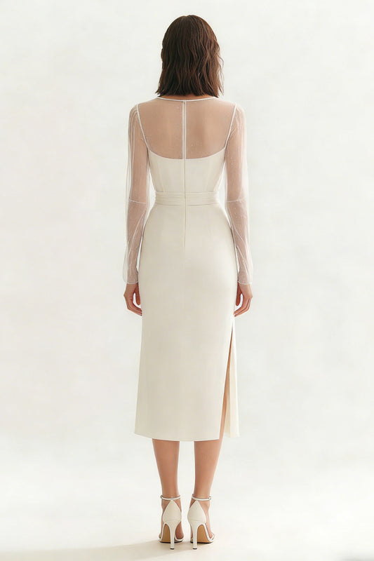 Ivory Satin Bateau Neck Midi Engagement Dress with Slit