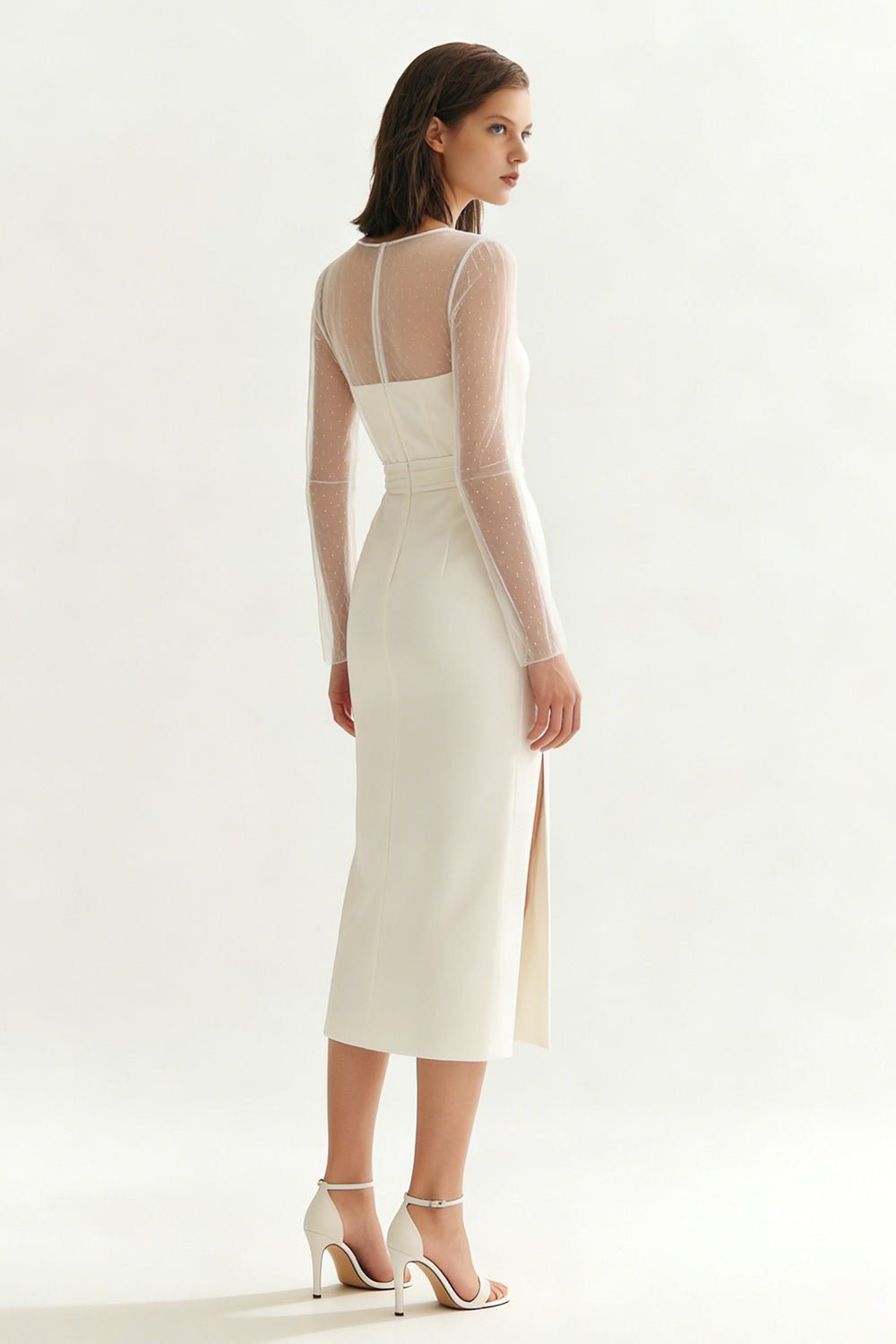 Ivory Satin Bateau Neck Midi Engagement Dress with Slit