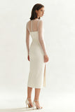 Ivory Satin Bateau Neck Midi Engagement Dress with Slit
