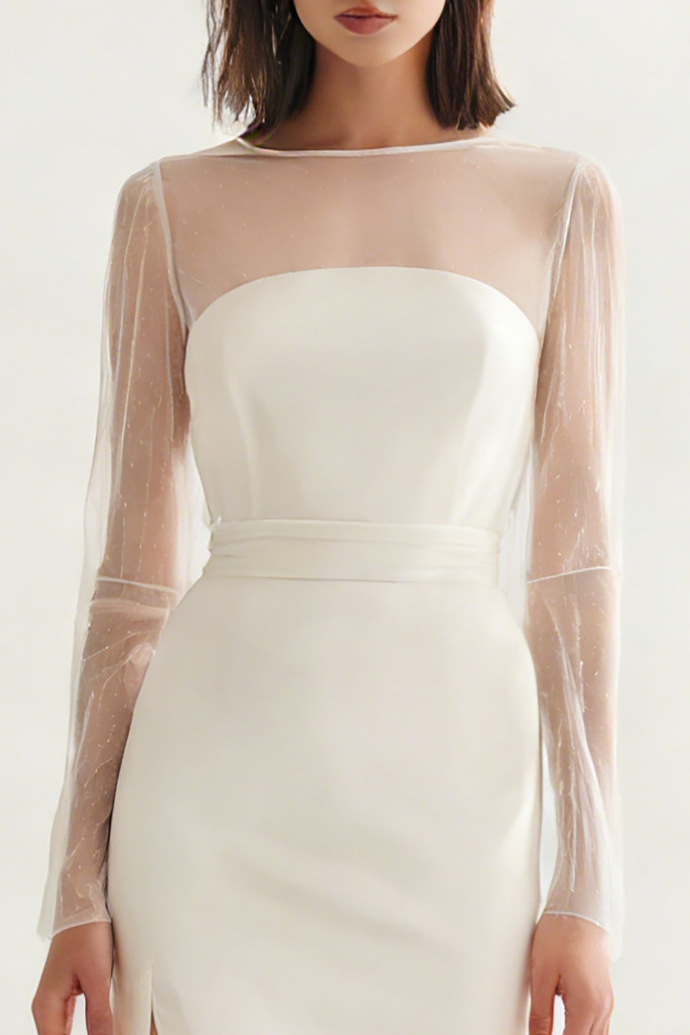 Ivory Satin Bateau Neck Midi Engagement Dress with Slit