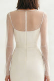 Ivory Satin Bateau Neck Midi Engagement Dress with Slit