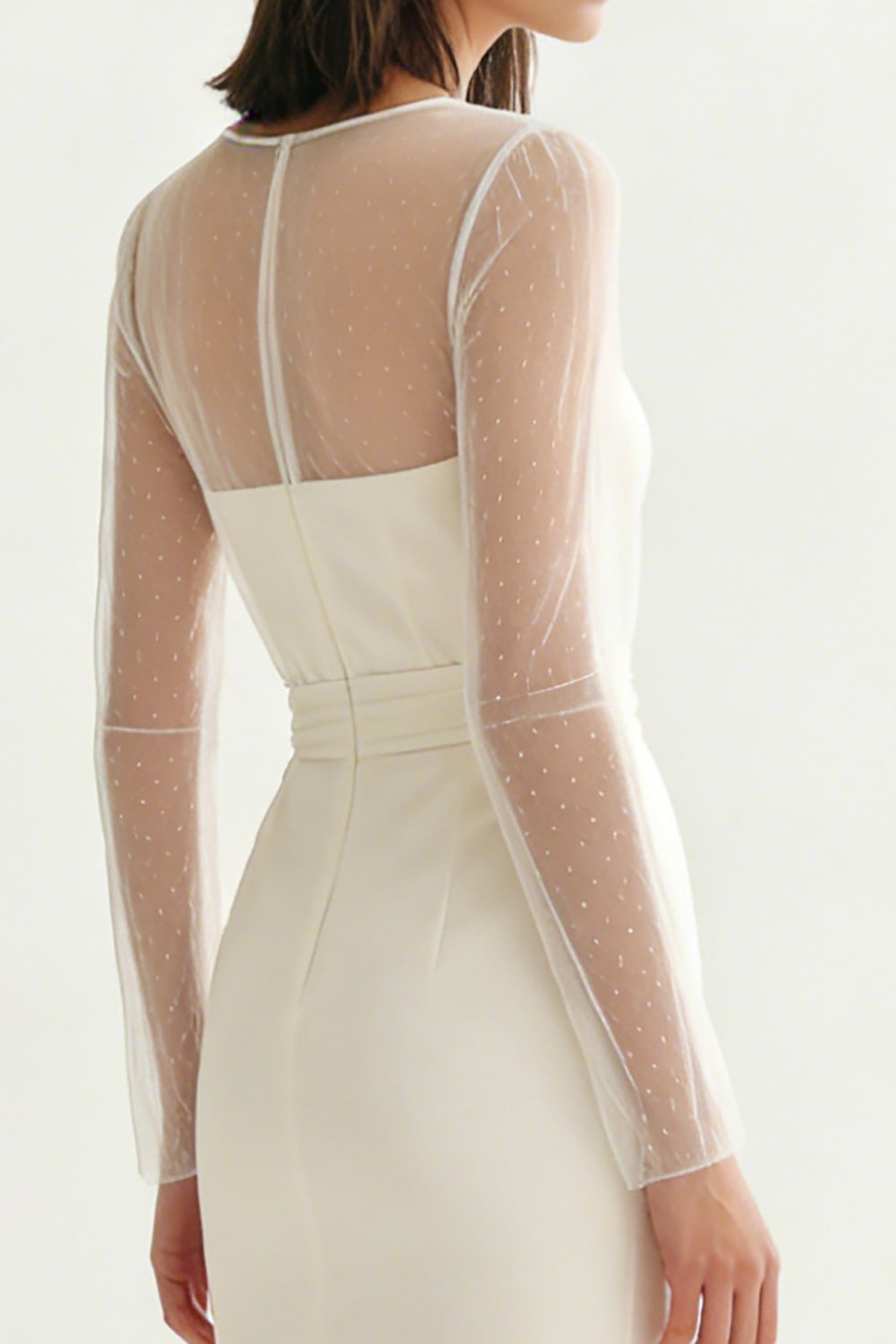 Ivory Satin Bateau Neck Midi Engagement Dress with Slit