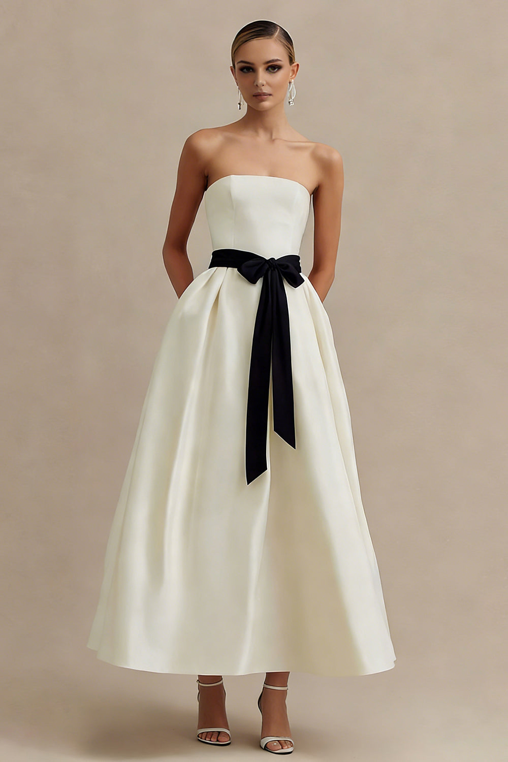 Ivory A Line Strapless Satin Long Engagement Dress with Bow
