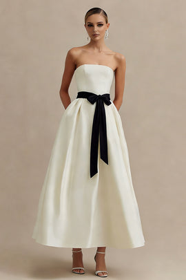 Ivory A Line Strapless Satin Long Engagement Dress with Bow