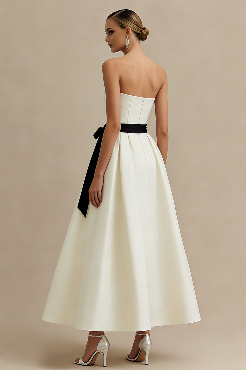 Ivory A Line Strapless Satin Long Engagement Dress with Bow