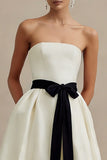 Ivory A Line Strapless Satin Long Engagement Dress with Bow