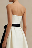 Ivory A Line Strapless Satin Long Engagement Dress with Bow