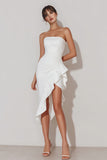 White Asymmetrical Strapless Ruffled Bachelorette Dress
