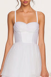 White Tulle Spaghetti Straps Tiered Midi Corset Bridal Shower Dress