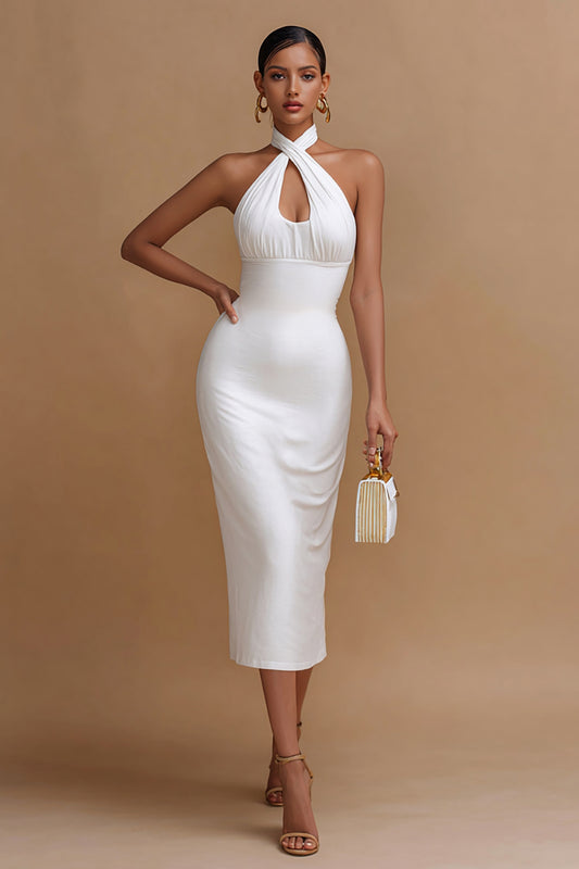 White Cross V Neck Bodycon Midi Engagement Dress with Keyhole