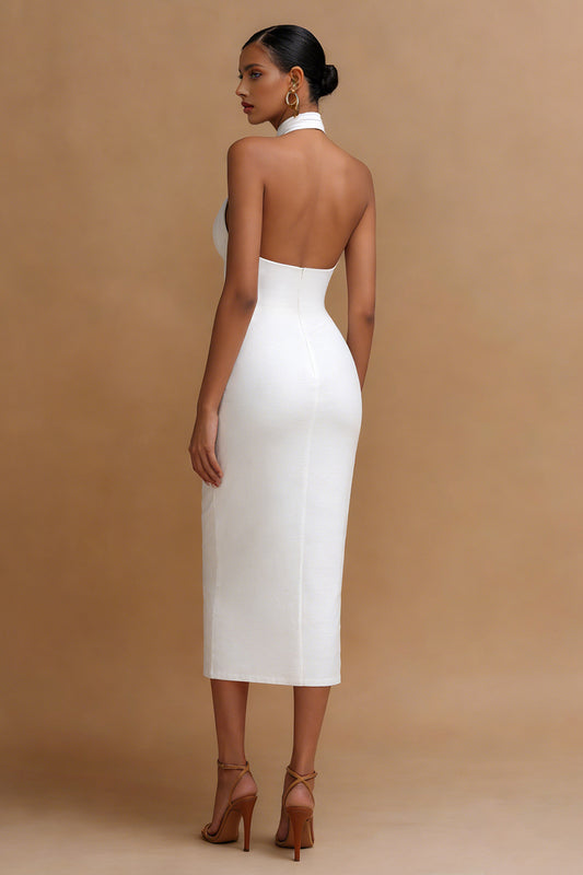 White Cross V Neck Bodycon Midi Engagement Dress with Keyhole
