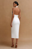 White Cross V Neck Bodycon Midi Engagement Dress with Keyhole