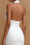 White Cross V Neck Bodycon Midi Engagement Dress with Keyhole