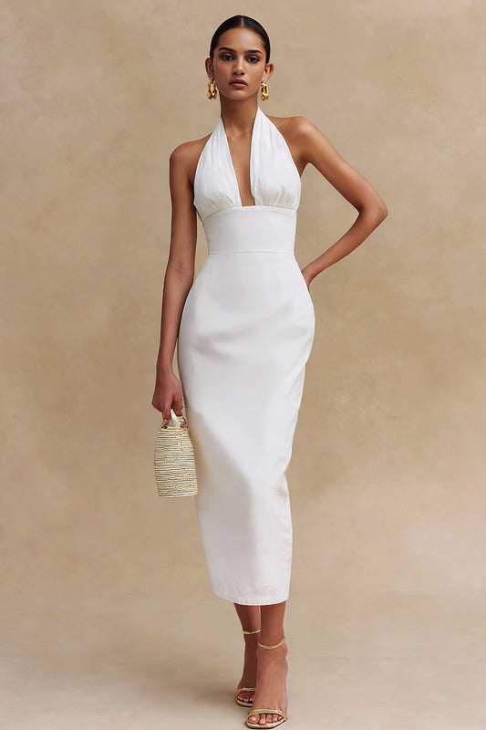 White Halter Neck Bodycon Satin Midi Engagement Dress