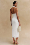 White Halter Neck Bodycon Satin Midi Engagement Dress
