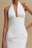 White Halter Neck Bodycon Satin Midi Engagement Dress