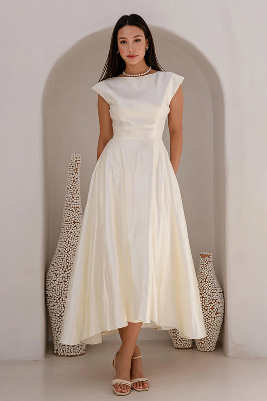 Ivory Bateau Neck A Line Satin Long Engagement Dress