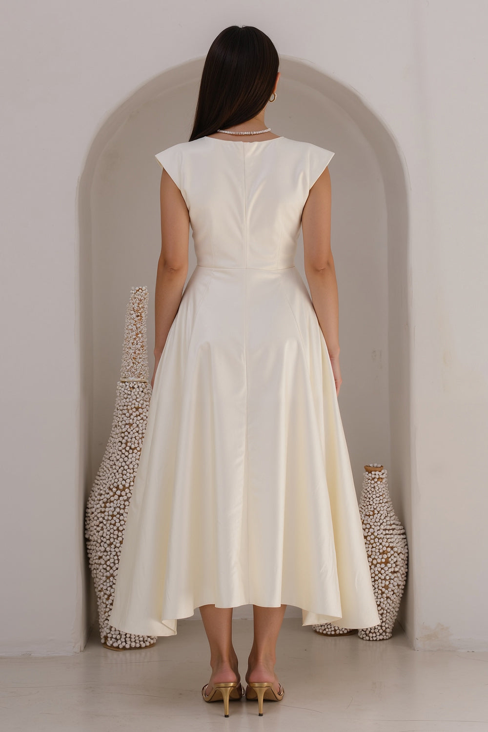 Ivory Bateau Neck A Line Satin Long Engagement Dress