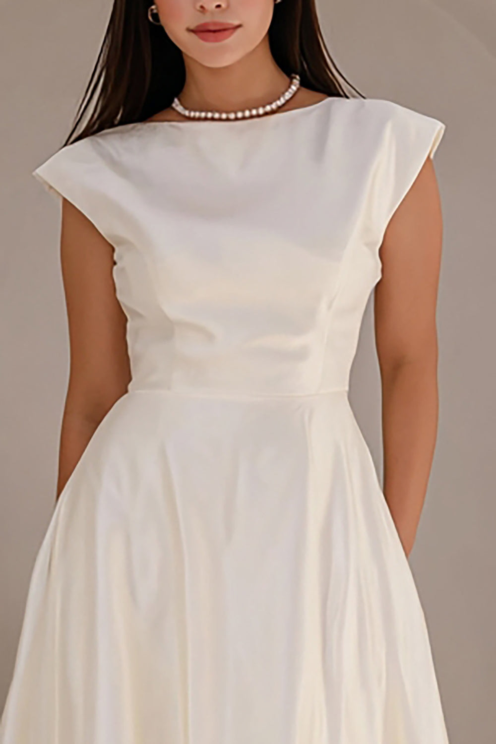 Ivory Bateau Neck A Line Satin Long Engagement Dress