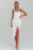 White Ruffled Satin Ruched Midi Engagement Dress with Slit