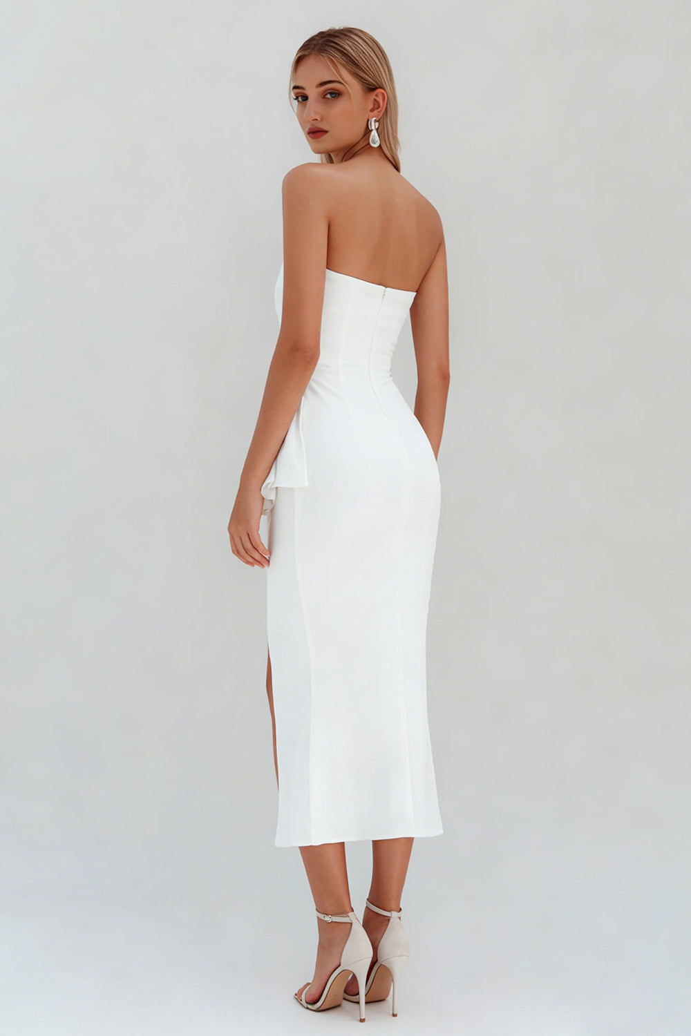 White Ruffled Satin Ruched Midi Engagement Dress with Slit
