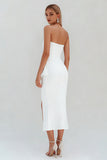 White Ruffled Satin Ruched Midi Engagement Dress with Slit
