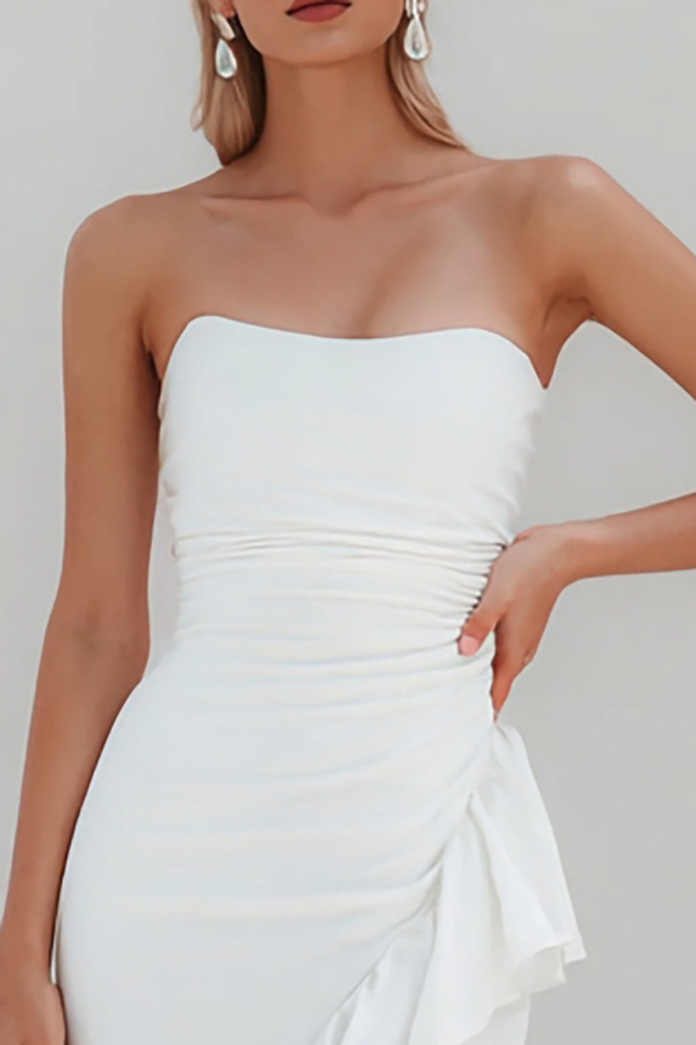 White Ruffled Satin Ruched Midi Engagement Dress with Slit