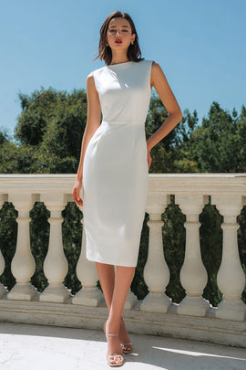 Simple White Bodycon Bateau Neck Midi Engagement Dress