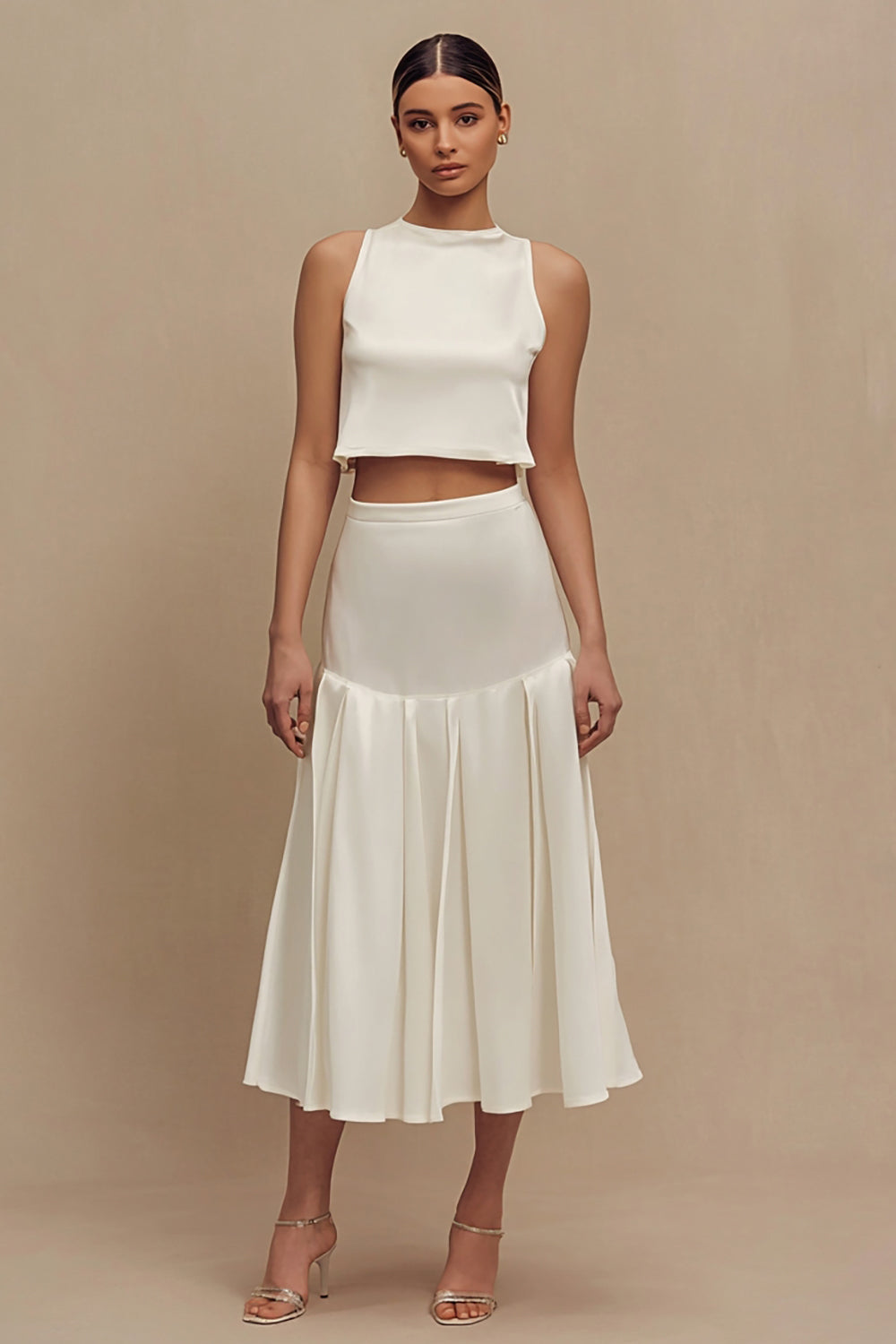 Ivory 2 Pieces Crew Neck A Line Midi Engagement Dress