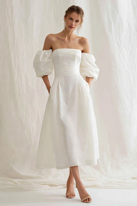 Simple Ivory A Line Puff Sleeves Maxi Engagement Dress