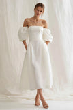 Simple Ivory A Line Puff Sleeves Maxi Engagement Dress