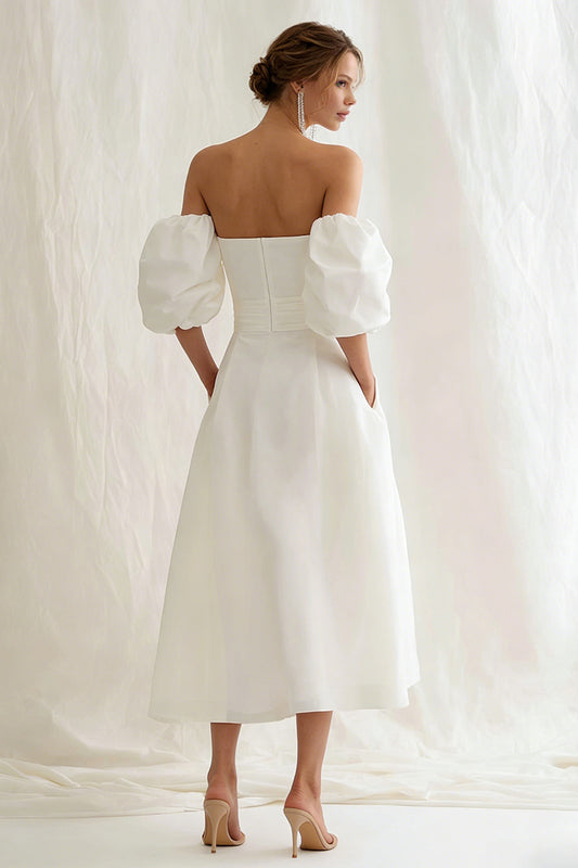 Simple Ivory A Line Puff Sleeves Maxi Engagement Dress