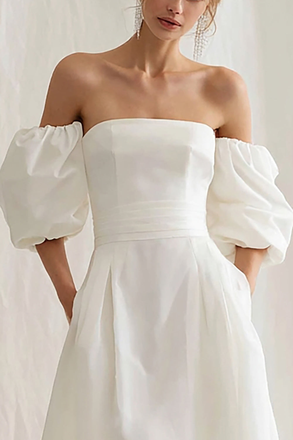 Simple Ivory A Line Puff Sleeves Maxi Engagement Dress